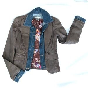 Cache Brown soft Leather Blazer with Denim Trim